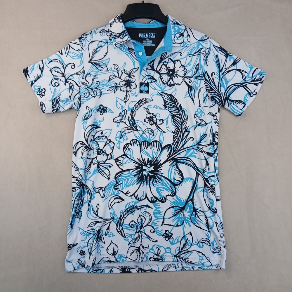 Pins & Aces Small Mens Polo Shirt 18x27 FLAWS Floral Stretch Performance